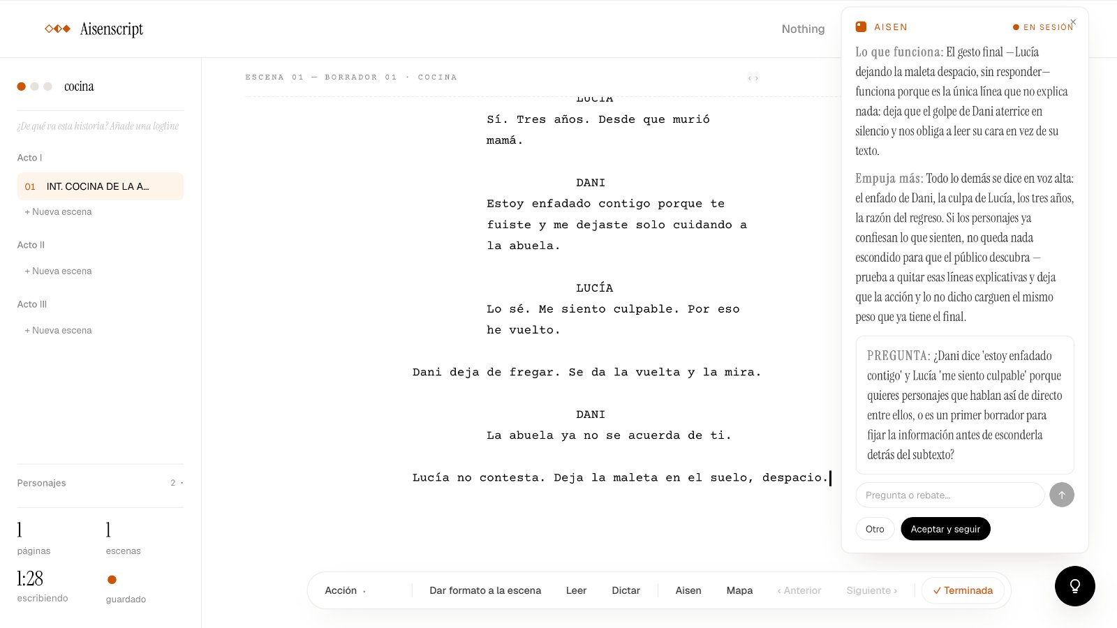 Editor de Aisenscript con la escena de la cocina a la izquierda y, a la derecha, el panel de Aisen con la primera nota: lo que funciona, qué empujar y una pregunta.