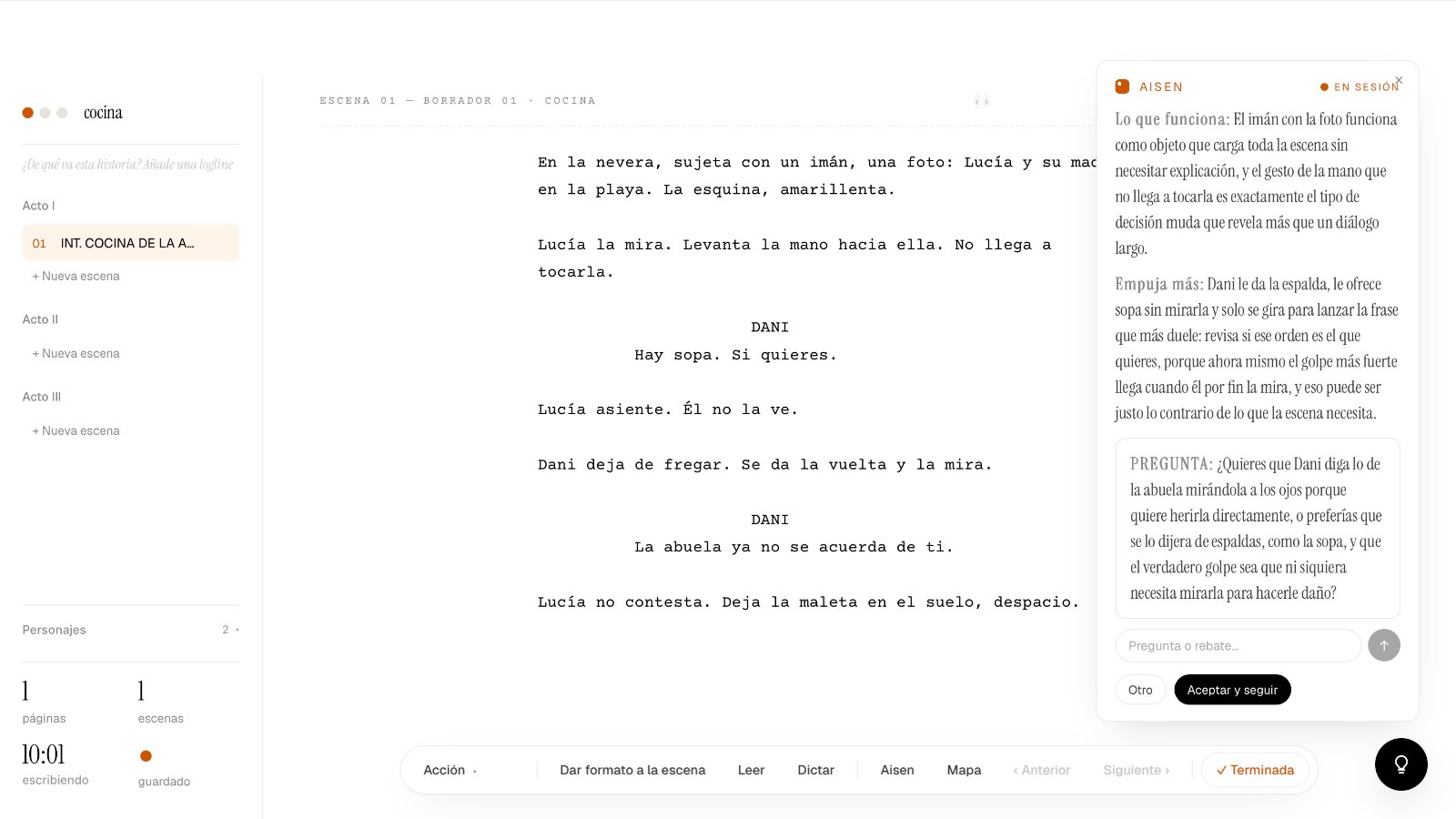 La escena reescrita en el editor de Aisenscript y la segunda nota de Aisen a la derecha.