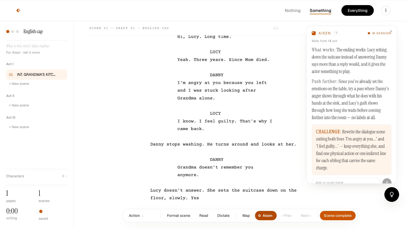 The Aisenscript editor with the kitchen scene on the left and, on the right, Aisen’s panel with the first note: what works, what to push and a challenge.