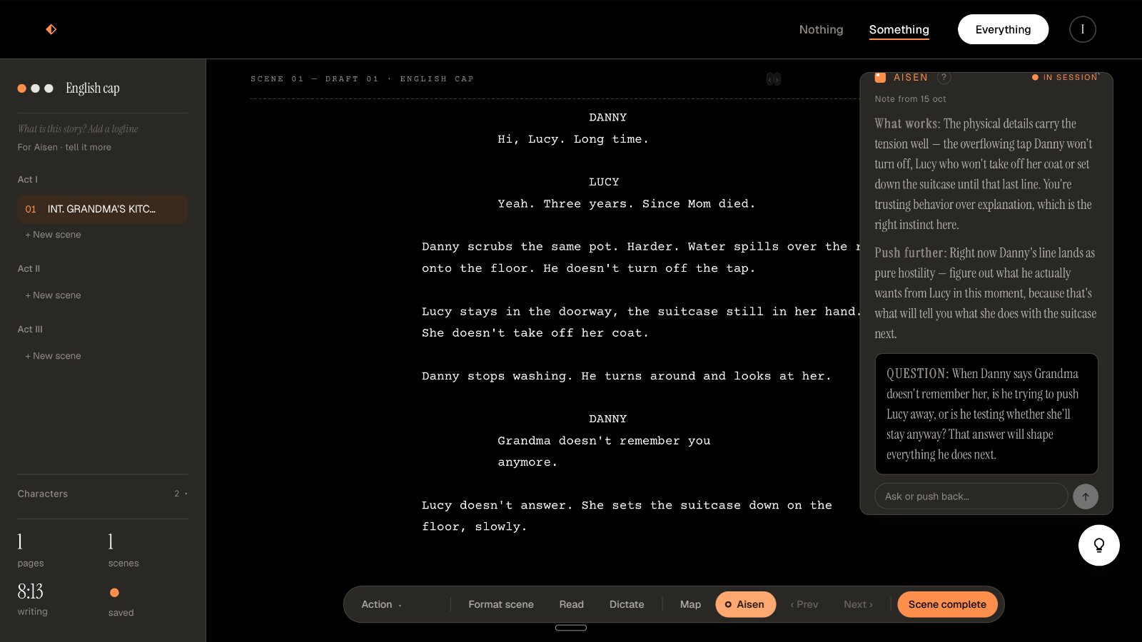 The rewritten scene in the Aisenscript editor and Aisen’s second note on the right.